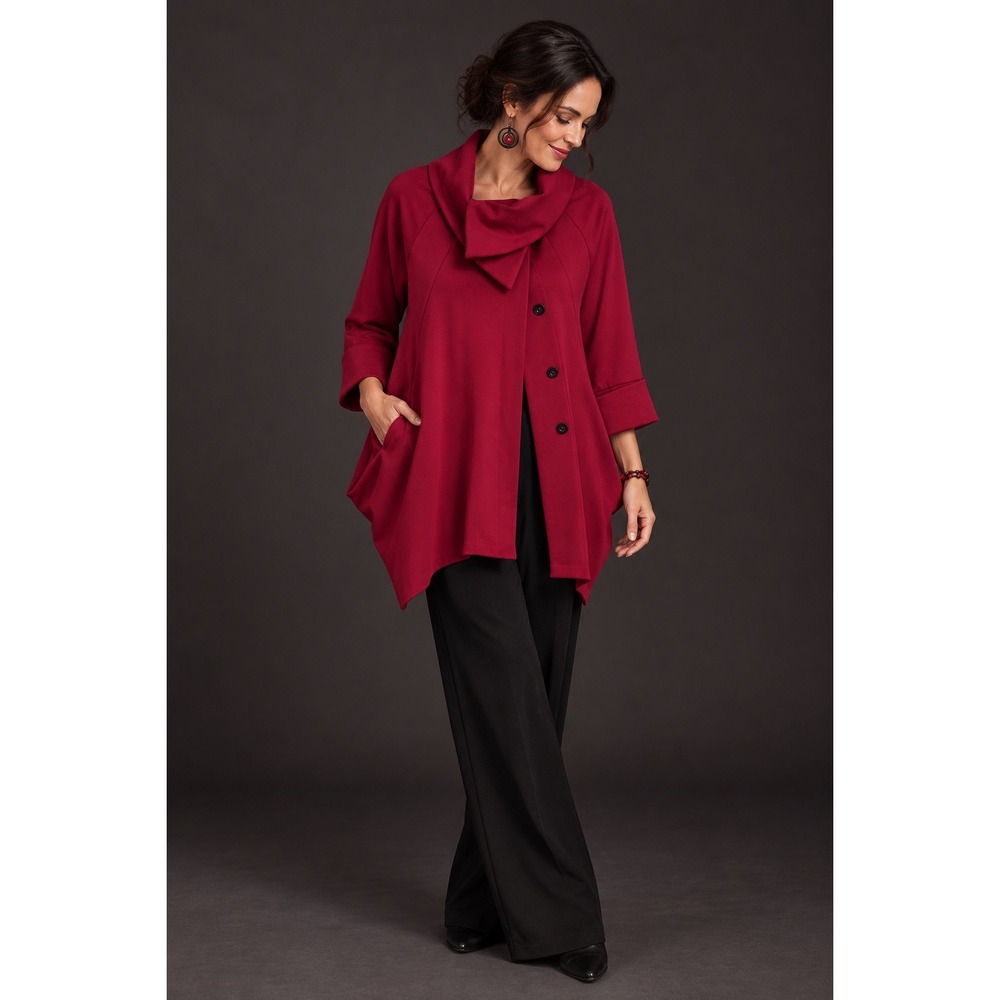IC by Connie K Swing Jacket M Red Oversized Collar 3/4 Sleeve Pockets USA $275